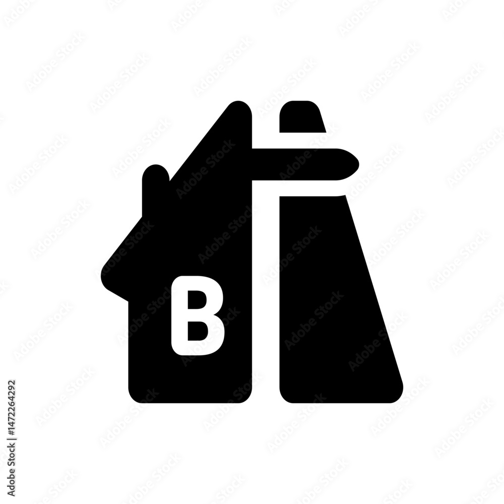 Poster illustration of a stylized house shape with the letter b and an adjacent rectangular structure desig