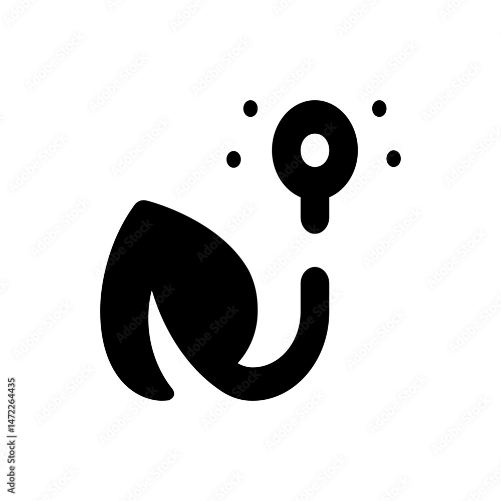 Poster stylized depiction of a leaf with a curved stem leading to a circular shape surrounded by dots desig