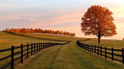 Obraz premium Vibrant autumn colors adorn the landscape as a large tree stands tall beside a winding dirt path. Fenced fields stretch into the distance under a pastel sky