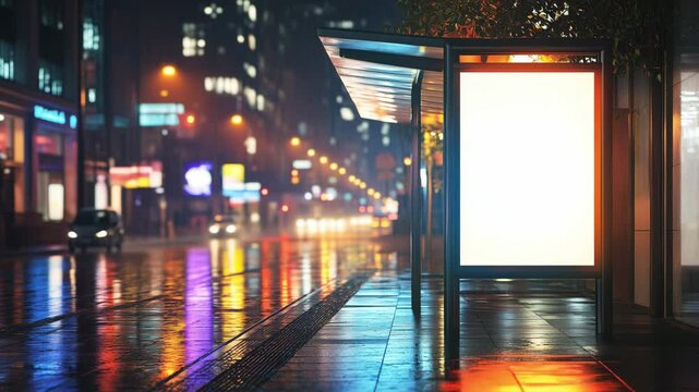 An illuminated bus stop with a white billboard banner glows on a rainy city street, reflecting colorful lights on the wet pavement