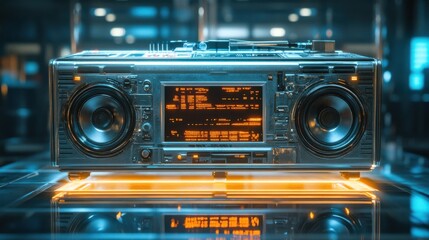 Fototapeta premium A vintage silver boombox with bold geometric patterns, showcased on a glowing glass platform 