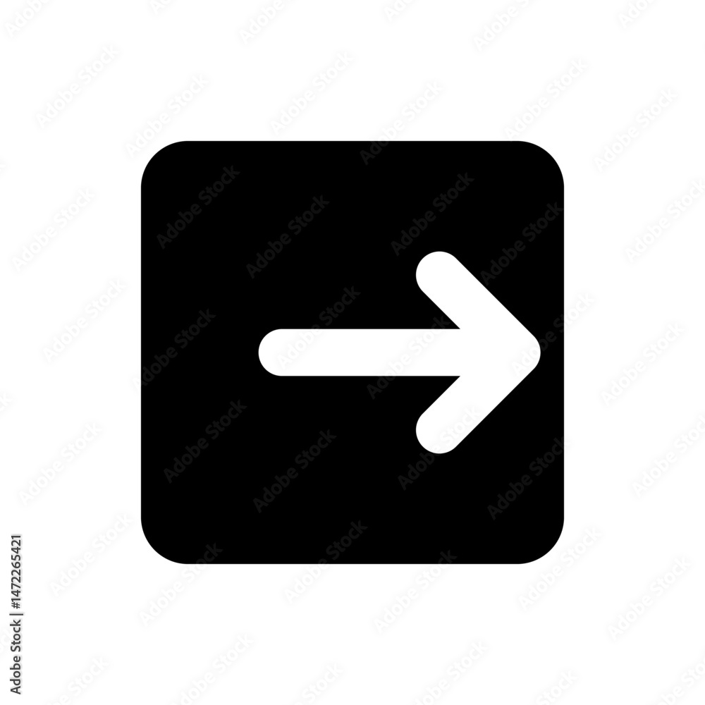 Poster white arrow pointing right inside a black rounded square representing direction or navigation sign u