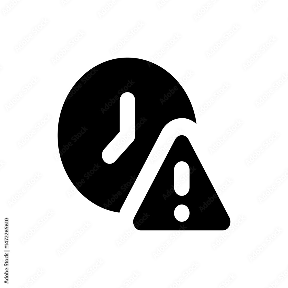 Poster clock with short hand and a triangle warning sign indicating a time related alert or notification is