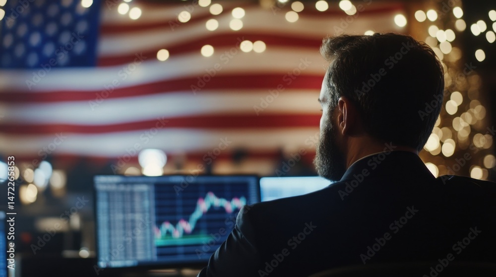 Leinwandbilder A businessman sits before computer screens displaying stock market data, the American flag blurred in the background, illuminated by warm bokeh lights. : Generative AI