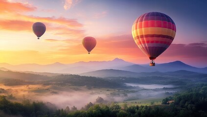 Naklejka premium Colorful hot air balloons floating over misty mountains at sunrise, symbolizing freedom and adventure in the landscape of Thailand.