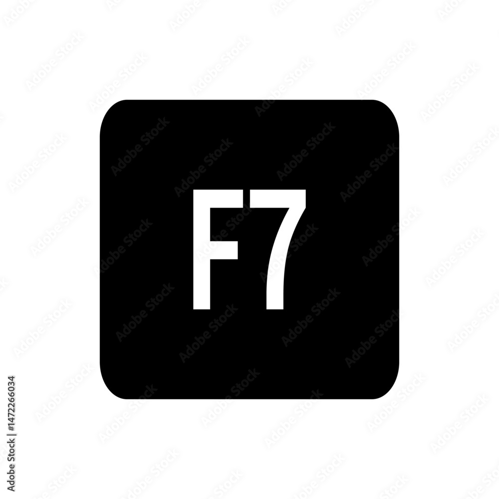 Poster a black rounded rectangle containing the white text f7 representing a keyboard function key symbol i