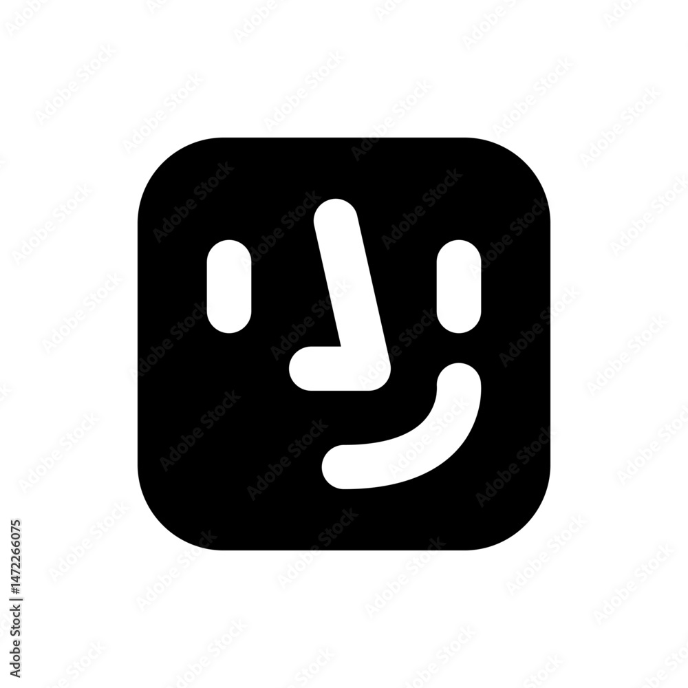 Poster illustration of a black square with rounded corners containing a stylized white face with simple fea