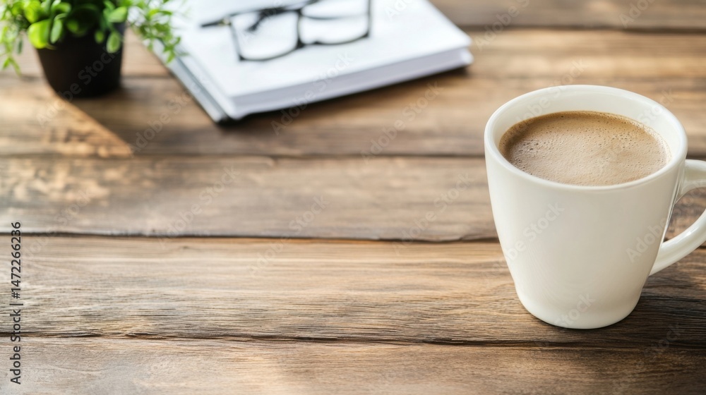 Poster a warm cup of coffee sits on a rustic wooden table, next to a notebook and glasses, bathed in soft s