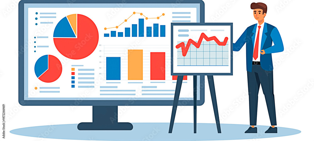 Poster data presentation in focus: a business professional stands before a large computer monitor and a sma