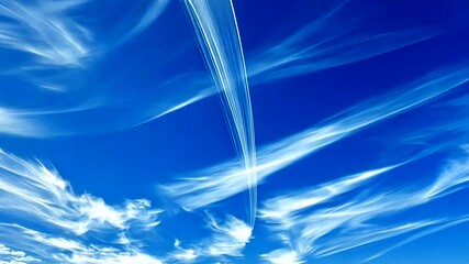 Vivid blue sky with dynamic, feathery white clouds and mysterious vertical streaks, creating an ethereal, airy atmosphere - Powered by Adobe