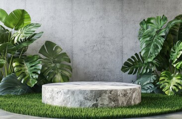 Minimalist concrete display podium surrounded by lush greenery