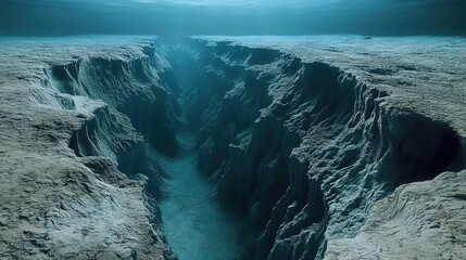 Deep oceanic chasm under partly cloudy sky with sunlight.