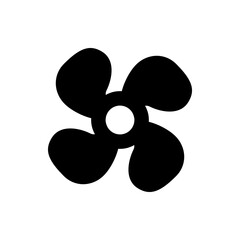 Illustration of a black four bladed fan with a white center circle on a white background design element
