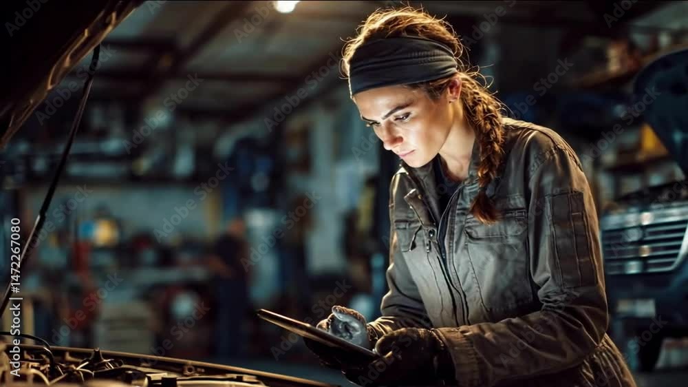 Poster a woman in work overalls is using a tablet while inspecting the engine of a car in a workshop.