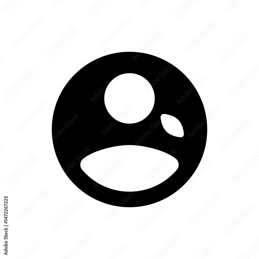 Poster black circle containing white shapes resembling a face with a round eye and a teardrop shape, simple