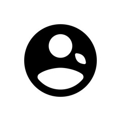 Black circle containing white shapes resembling a face with a round eye and a teardrop shape, simple