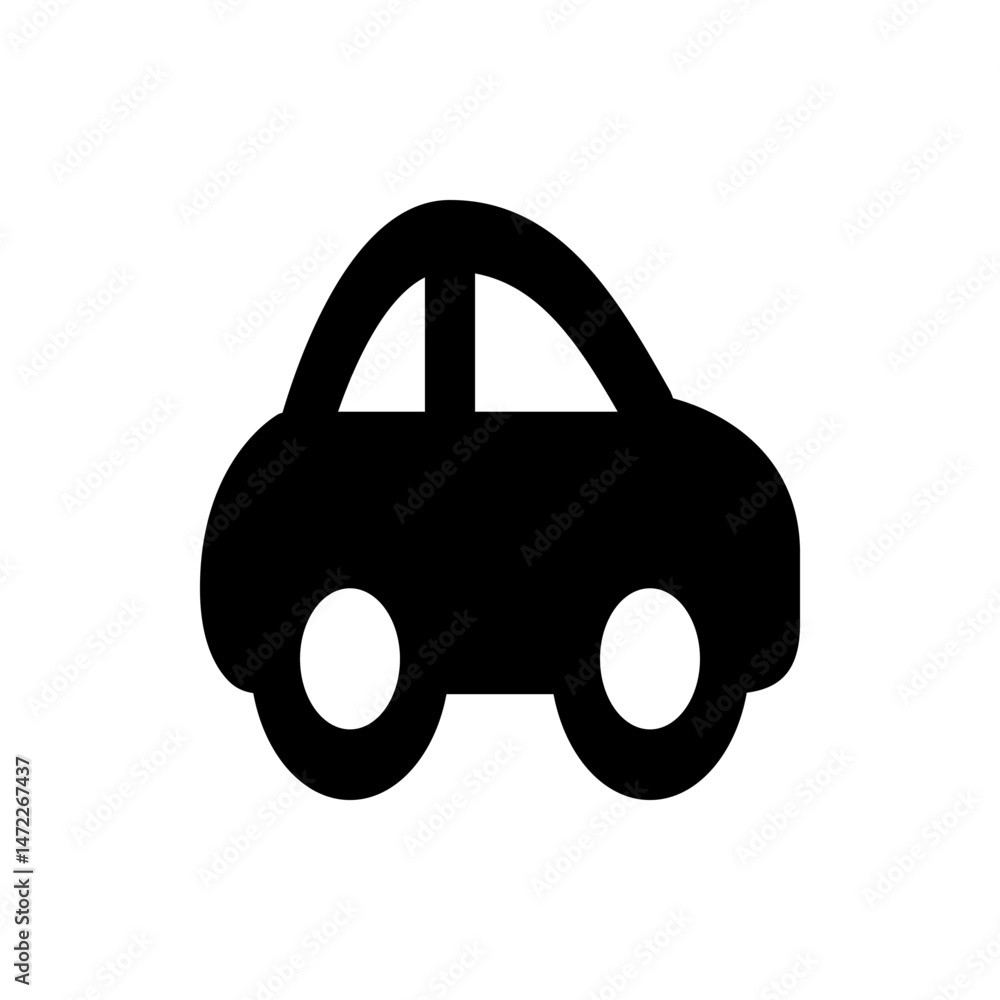 Poster a simple black car icon with rounded edges and circular wheels against a white background displayed 