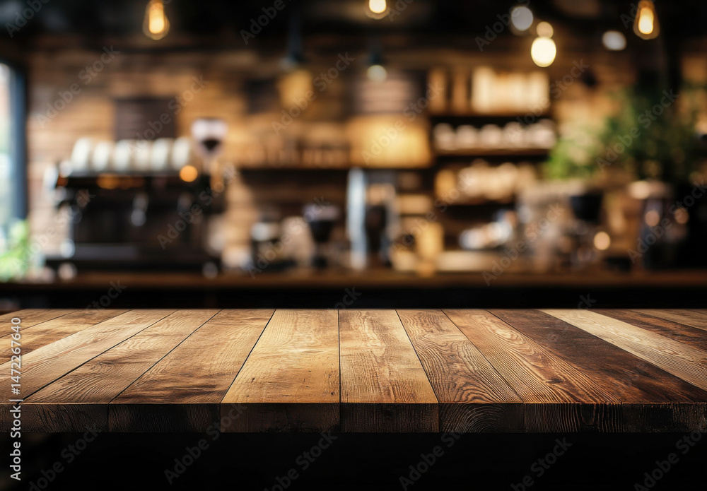 Leinwandbilder rustic wooden table top in front of a blurred coffee shop background, ideal for product placement or