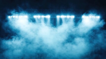 Bright stadium lights shining through blue smoke at night.
