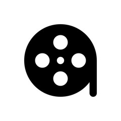 Illustration of a black film reel with four white circles and a tail on a white background design element