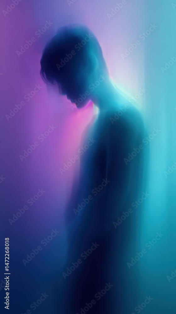 Poster softly illuminated figure in colorful haze creating a serene atmosphere at night
