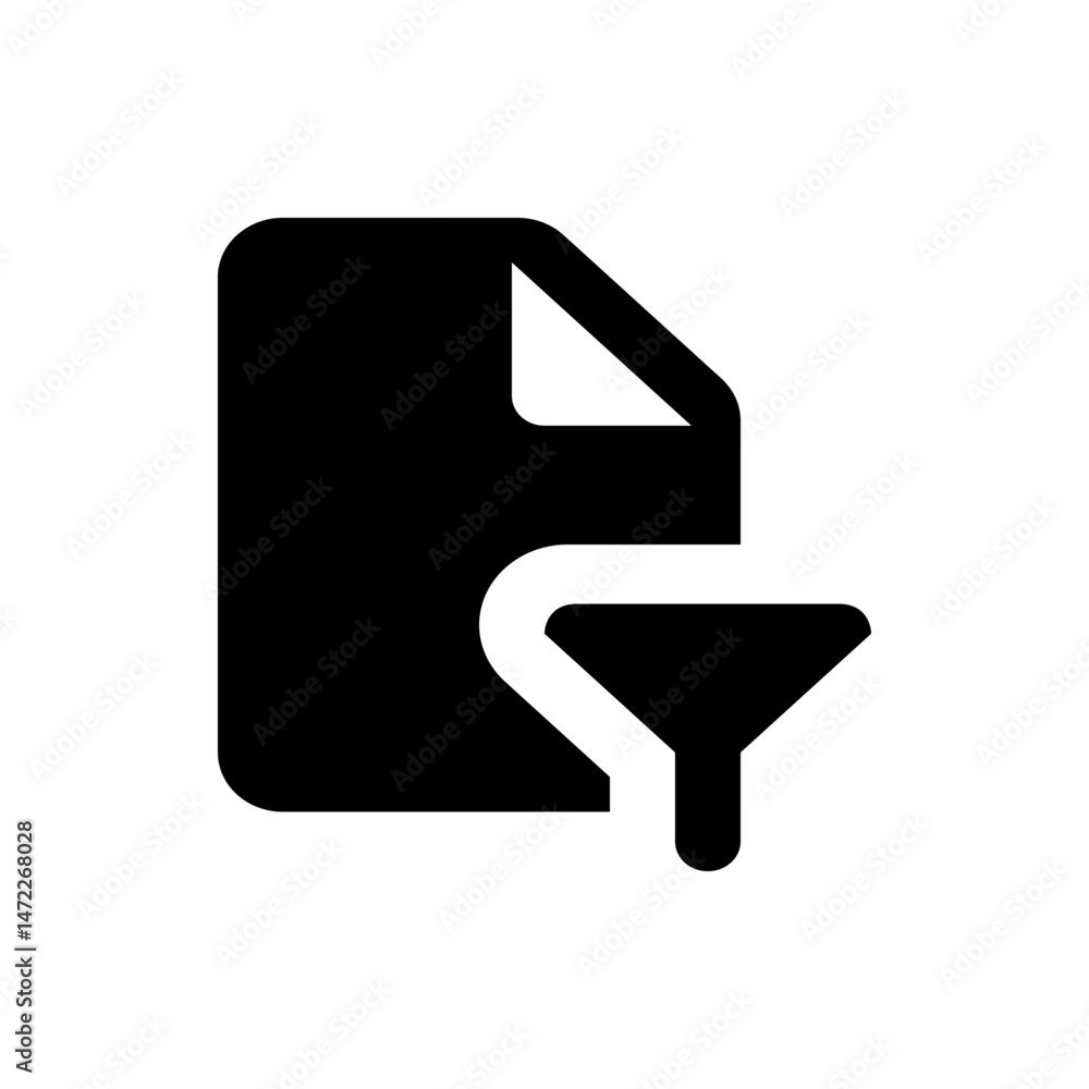 Poster black document icon with a folded corner and a filter symbol overlayed on the bottom right corner ar