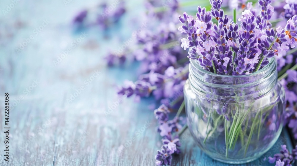 Poster a glass jar filled with fresh lavender flowers sits on a rustic blue wooden surface, creating a calm