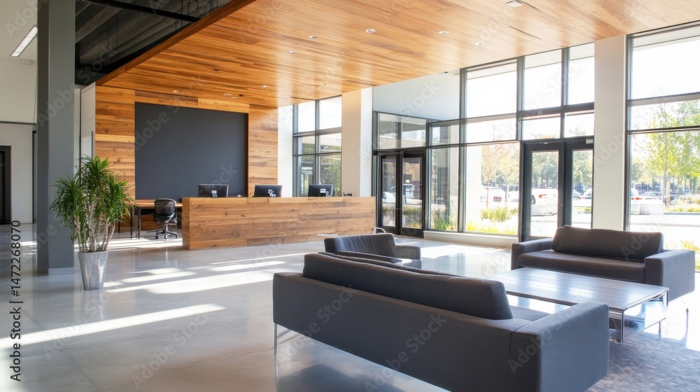 Poster modern office lobby with wood accents and large windows showcasing sunlight streaming in, creating a