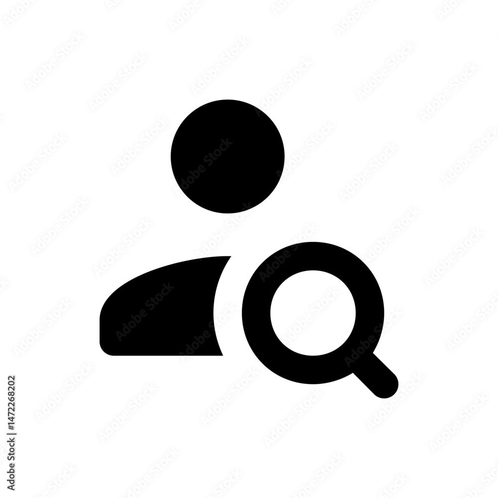 Poster person icon with magnifying glass overlay representing search or find user functionality in black an
