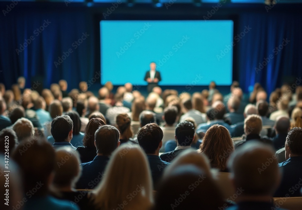 Aufkleber Large audience attentively listening to a speaker during a presentation in a conference hall, with a large blue screen displaying the presentation slides. : Generative AI