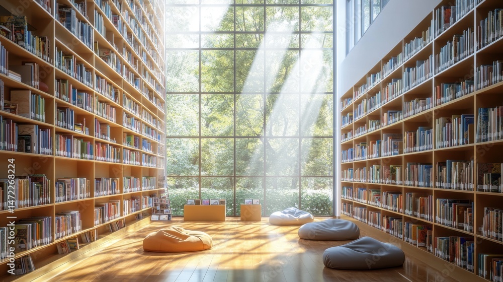 Poster sunlight streams through expansive windows in a modern library, illuminating shelves filled with boo