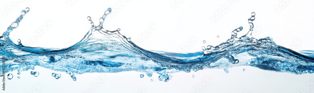 Poster a vibrant, dynamic wave of clear blue water splashes against a pristine white background, showcasing