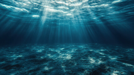 Sunbeams penetrate the deep ocean, illuminating the textured seabed; a tranquil underwater scene. : Generative AI