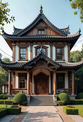 Fototapeta premium Daytime Building Front: A Close Perspective of a One-Story Structure, Captured at Noon, Emphasizing Architectural Design and Natural Light. 