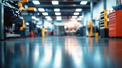 Fototapeta premium Spacious car repair workshop with shiny floors, tool cabinets, equipment, distant cars, and ceiling lights.