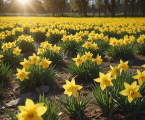 Sunlit daffodil field, vibrant yellow blooms, spring freshness, brightcolors, outdoor