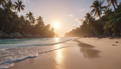 Distressed film effect on a vibrant tropical beach; soft light bathes the scene ,  sand,  summer,  island
