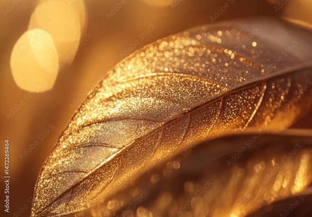 Poster close-up of golden leaf with dew, illuminated by warm sunlight, creating a luxurious and sparkling t