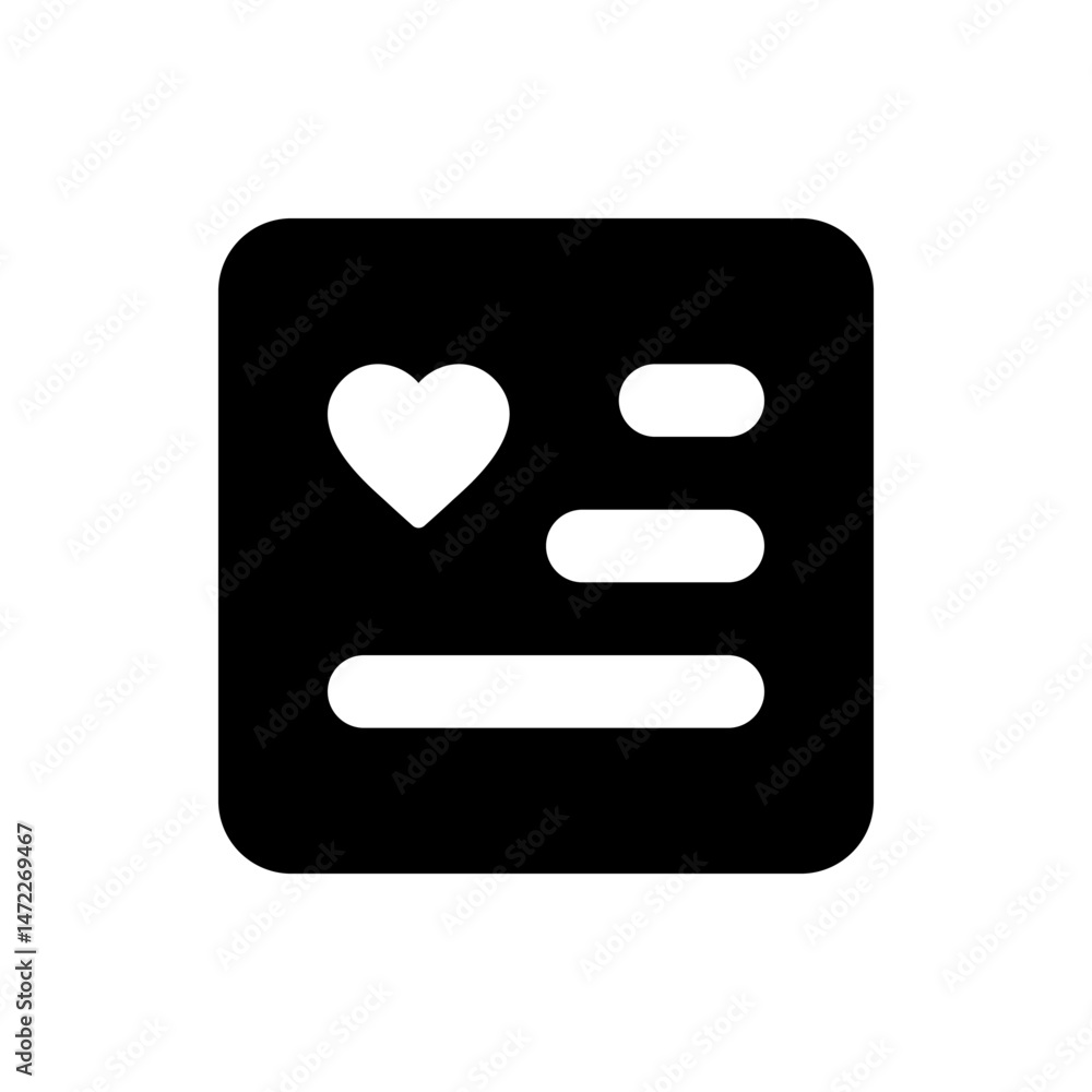 Poster black rectangle with rounded corners containing a heart and three horizontal lines inside it icon