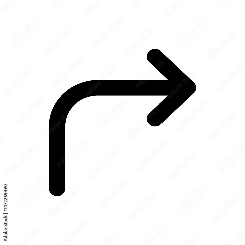 Poster black arrow icon pointing to the right with a rounded corner indicating a turn or direction change s