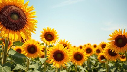 Fototapeta premium Vibrant yellow sunflowers in a field, sunny summer day, copy space, happy, copy space