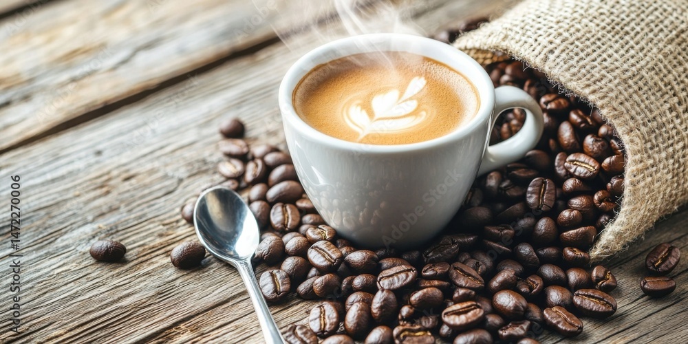 Poster a steaming cup of latte art coffee sits on a rustic wooden table, surrounded by roasted coffee beans