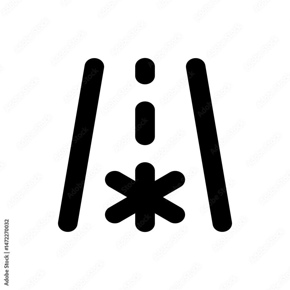 Aufkleber black icon of a road with two solid lines, a dotted line, and a snowflake shape at the bottom end of