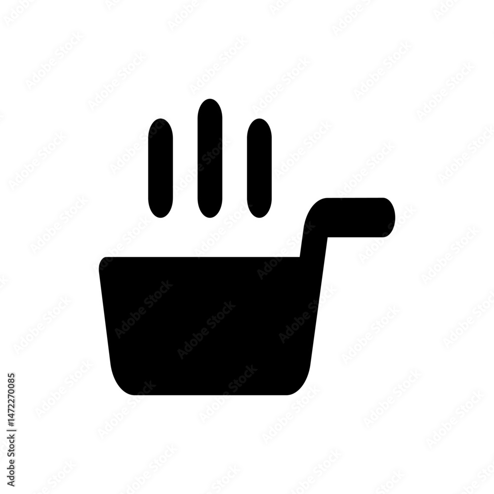 Poster black frying pan with three vertical ellipses above it in a simple and minimalist vector illustratio