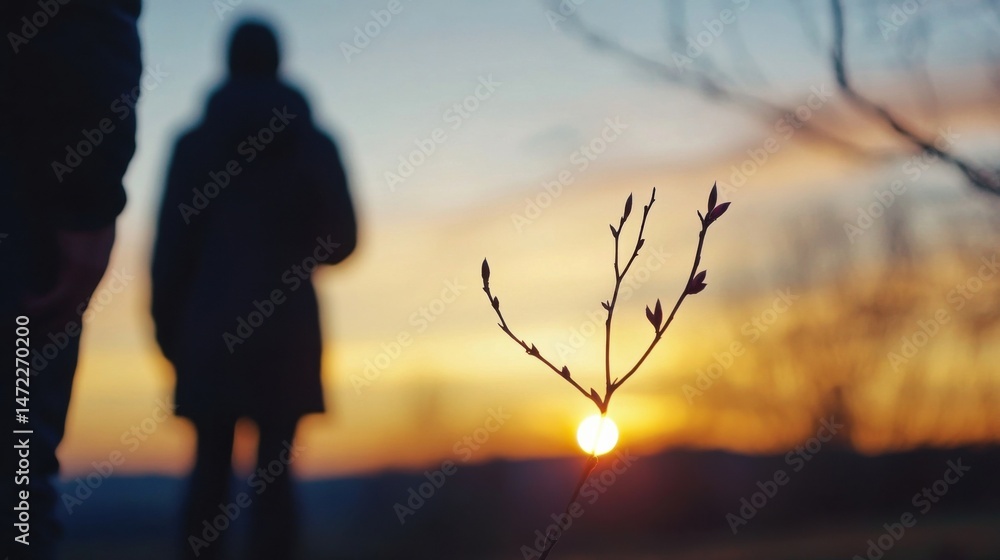 Poster silhouetted figures walk away from a vibrant sunset, a small branch with budding leaves in sharp foc