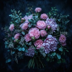 Beautiful arrangement of pastel roses, peonies, and chrysanthemums with greenery on a dark background, perfect for floral design and decoration use