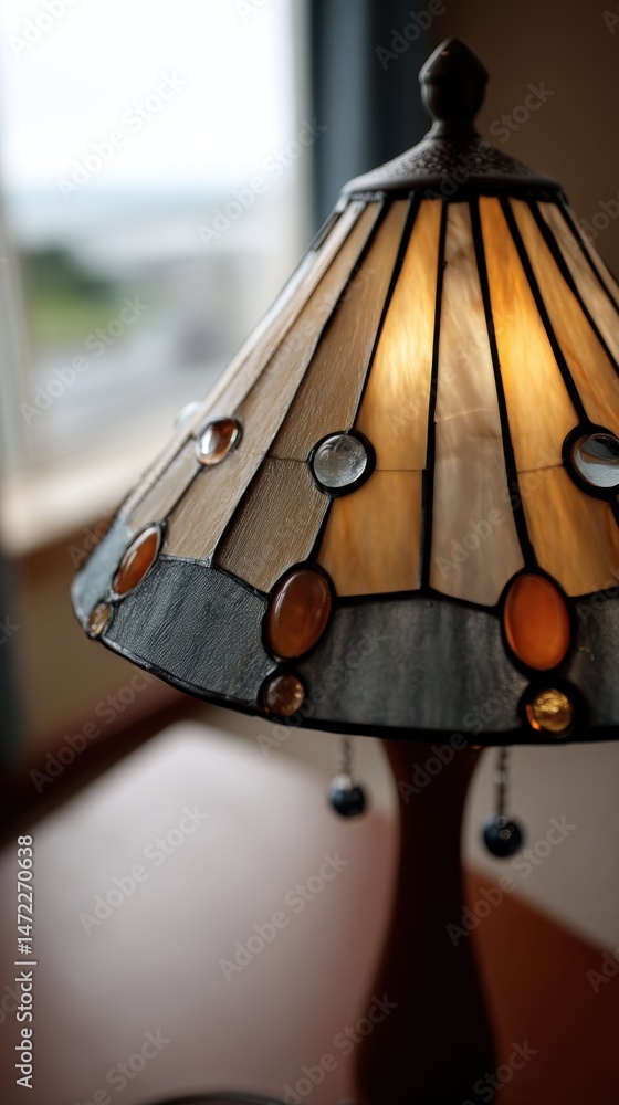 Fototapete close-up view of a tiffany-style table lamp with a beige and amber stained glass shade, illuminated,