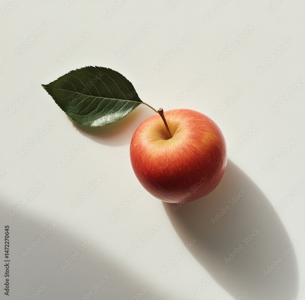Poster A single, ripe red apple rests on a white surface, accompanied by a vibrant green leaf, casting a subtle shadow in the sunlight. : Generative AI