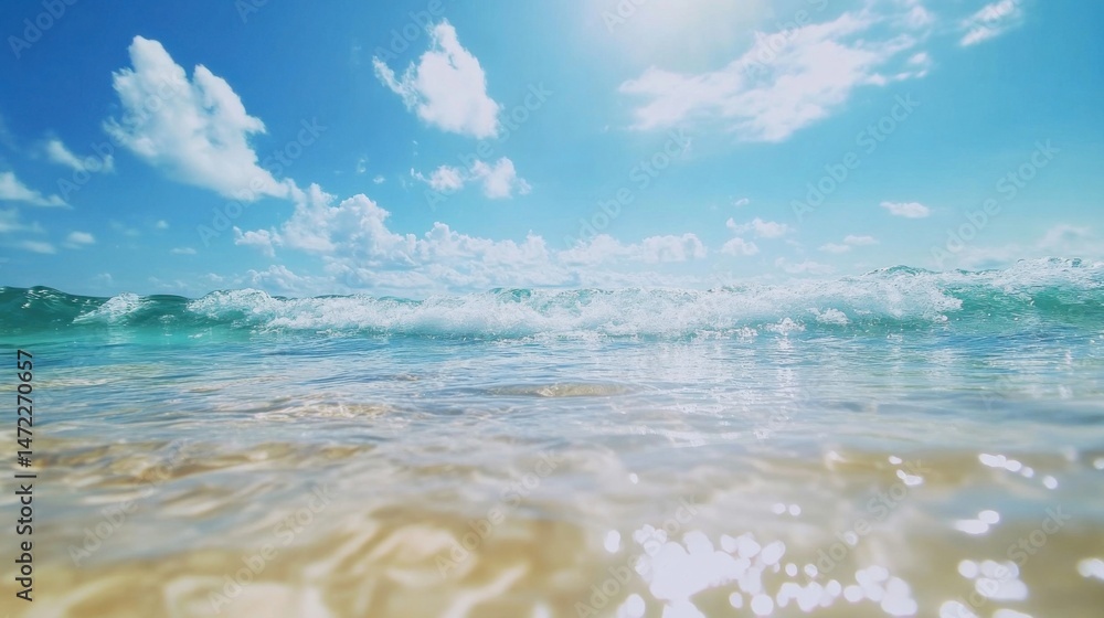 Poster a gentle ocean wave breaks on a pristine beach under a vibrant blue sky, sunlight sparkling on the w