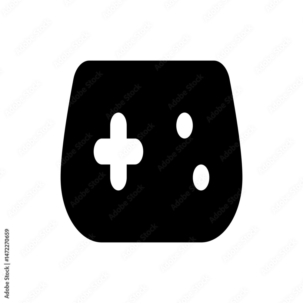 Poster illustration of a black game controller with a directional pad and two circular buttons on a white b